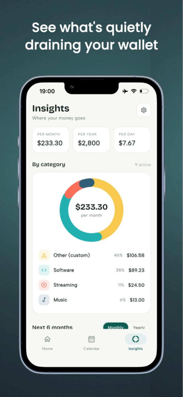 CatchAll screenshot: subscriptions list showing monthly spend