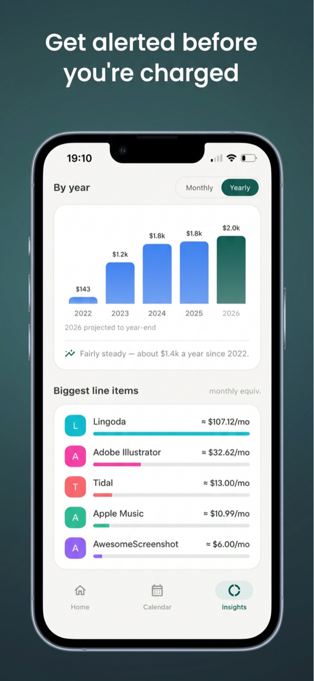 CatchAll screenshot: add a subscription with no bank login or sign-up