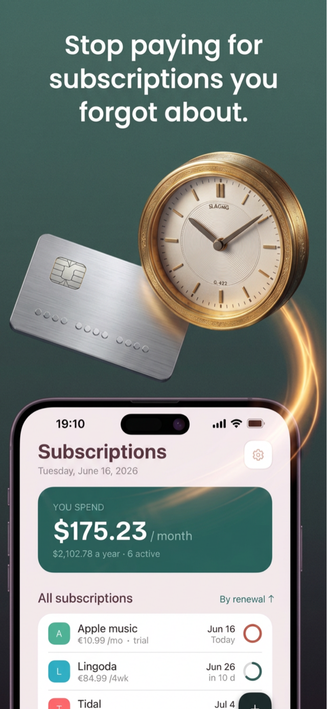 CatchAll screenshot: home screen showing total monthly subscription spend