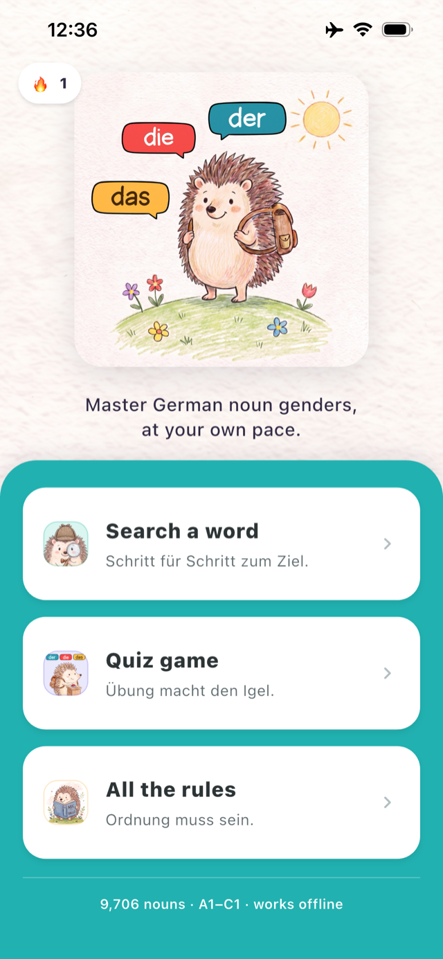 Home screen with Search a word, Quiz game and All the rules